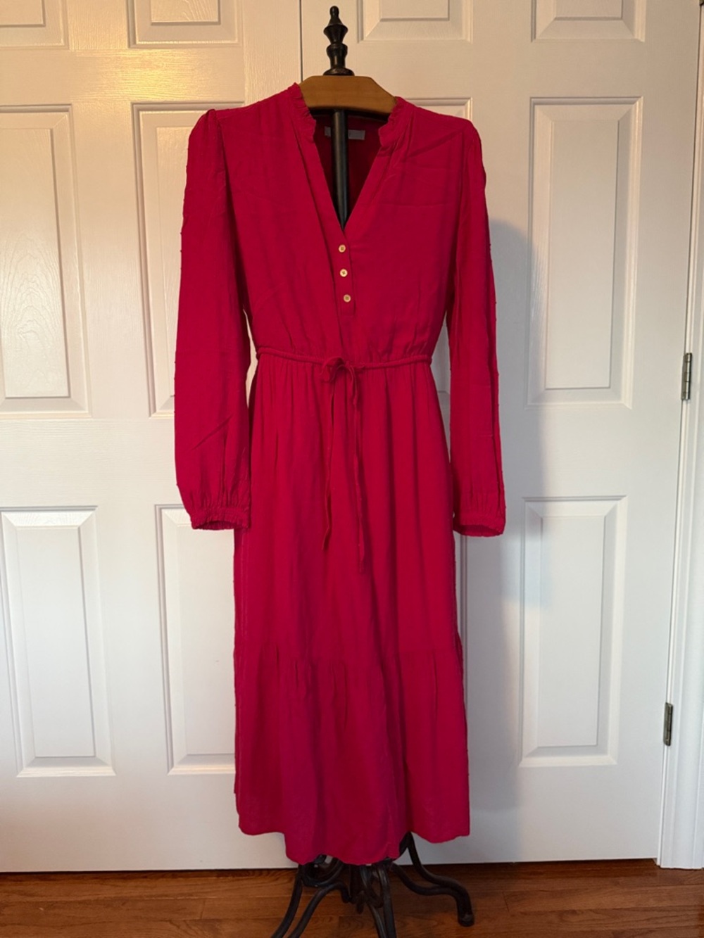 Ann Taylor Fuchsia Long Sleeve Midi Dress with Drawstring Waist